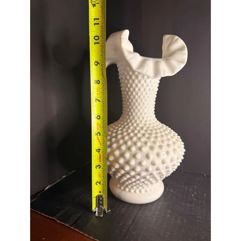 Fenton Milk Glass Hobnail Vase Double Crimped Ruffled Rim Vintage White 9.5 inch